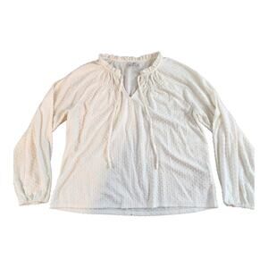 J, Crew factory womens sz med blouse ivory clip-dot smocked tie neck top